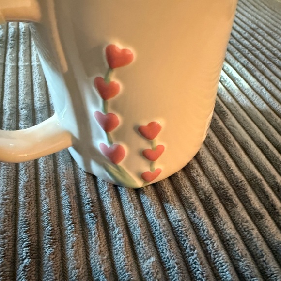 Rae Dunn White Ceramic double-sided Mug with pink heart shaped flowers - Picture 3 of 7